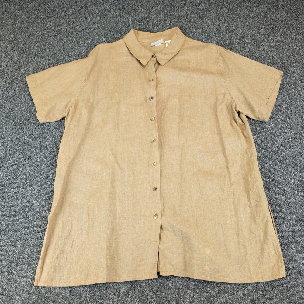 Chicos Design Womens Shirt Size 3 XL Linen Tan‎ Vintage Short Sleeve Button Up